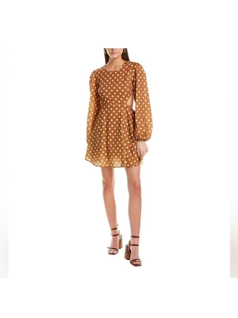 NWT Charlie Holiday Halcyon Polka Dot Dress Caramel Tan Brown White Open Back